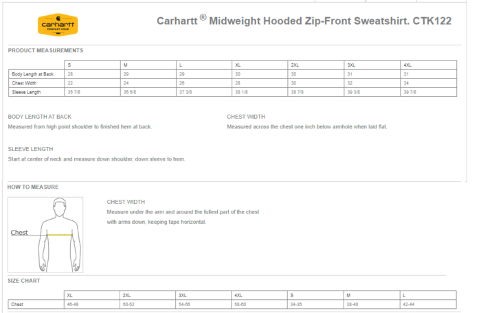 carhartt sweatshirt size chart